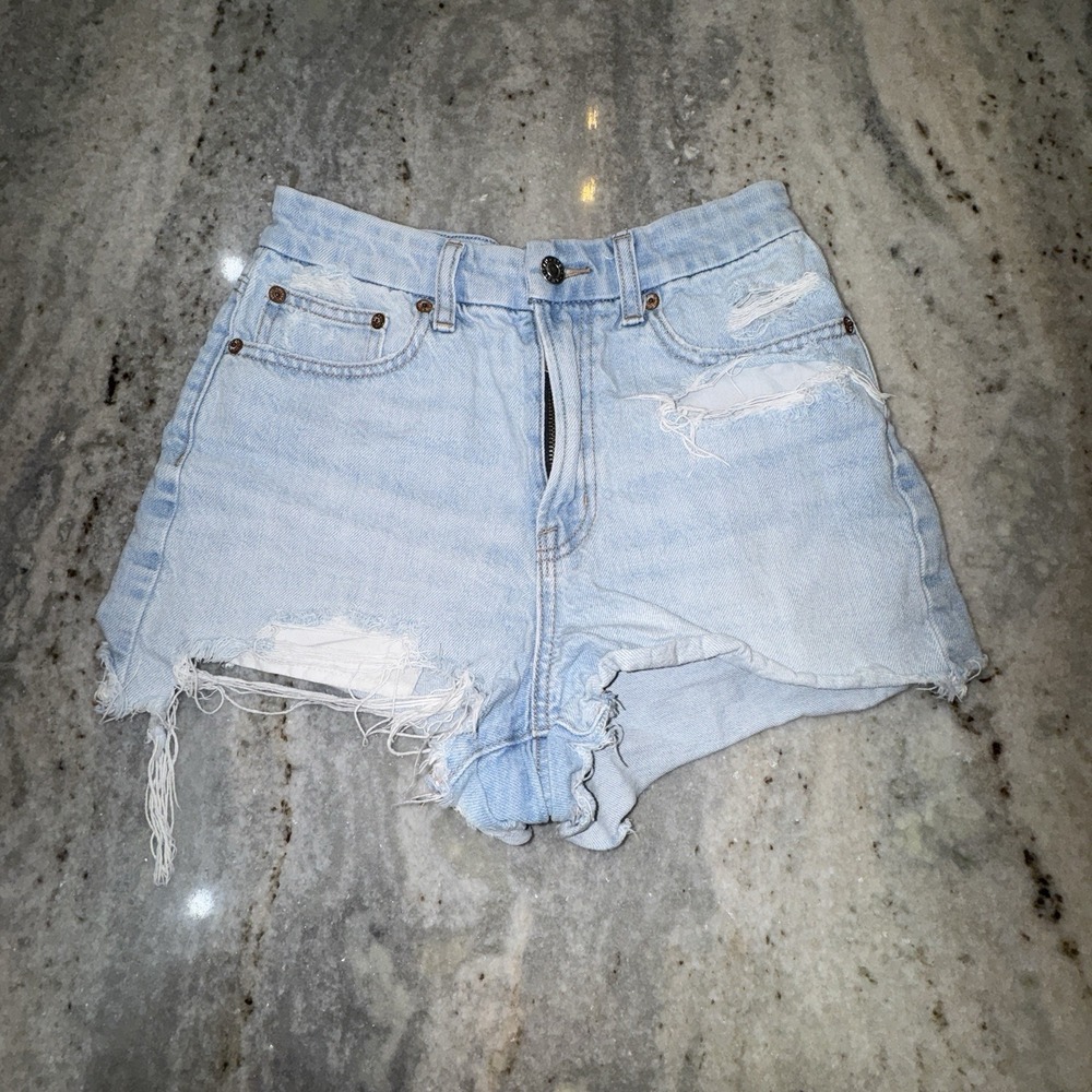 American Eagle Curvy 90s Boyfriend Cut Off Jean Shorts Fringe High Rise 26" Sz 2